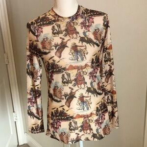 Women’s Long Sleeve Mesh Crewneck Pullover Top in Western Cowboy Motif, size Med